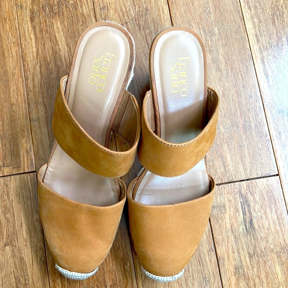 FRANCO SARTO Womens Mint Espadrille Wedges Slip On Sandal Tan Leather sz 10 - Picture 2 of 6